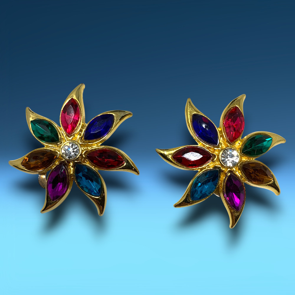 Vintage 1960's Multicolor Crystal Star Earrings Clip On Mogul Couture Runway